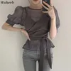 Kvinnor Två Piece Set Se igenom Puff Sleeve T-shirts Lace Up Slim Waist Sling Tops Korean Fashion Suit Femme Roupas 95300 210519