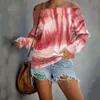 autumn long-sleeved fashion off-the-shoulder tie-dye printed ladies tops T-shirt women sexy slash neck casual basic tshirts 210517