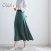 Spring Summer Elegant Women Green Satin Vintage Female Silk Stylish Office Lady Midi Skirt 210415