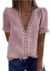 여성 시폰 레이스 짧은 소매 블라우스 캐주얼 셔츠 V 넥 솔리드 컬러 블라우스 탑 한국 스타일 세련된 레저 블라우스