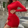 Casual Dresses Red For Women 2021 Club Dress Women's Sexy Fashion Long Sleeve Solid Color Slim Hollowing Party Vestidos Elegantes Para