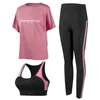 Lös T-shirt + Bra + Byxor Kvinnor Yoga 3 Piece Set Quick Dry Fitness Gym kostym Utomhus Sportkläder Kläder Running Sats Plus Storlek 4XL Outfit