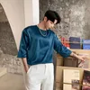 IEFB Heren Zomer Blauw Pullover Satijn O-Collar T-shirts Design Jacquard Casual Mannelijke Kleren Koreaanse Streetwear Kwart Mouw Tee 210524