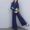 Summer Fashion Elegant Office Lady Chiffon Wide Leg Pant Suits Two Piece Set Women Cape Blouse And High Waist Pants Set 210522