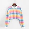 Kvinnor Pikétröja Kvinnor Sweatshirt Långärmad regnbåge färg damer Hoodies med knapp Striped Korean Harajuku Sweatshirt 210518