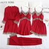 Juli sång 5 st Kvinnors Pyjamas Silk Satin Sleepwear Pyjamas Set Sommar Sling Shorts Lace Sexig Robe Set för kvinna Loungewear 211112