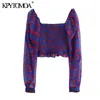 Women Fashion Floral Print Cropped Blouses See Through Puff Sleeve Smocked Female Shirts Blusas Chic Tops 210420