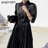 Satin Womens Lange jurk Puff Sleeve Kant Turn-Down Kraag Elegante Partij Es Zomer Knopen Geplooid 210601