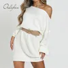 Осень зима женщин вязаный длинный рукав сексуальный свободный белый свитер платье 210415