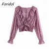 Foridol V Neck Ruffle Purple Chiffon Crop Tops Women Lantern Sleeve Spring Autumn Boho Casual Retro Blouse Tops 210415