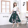 Qooth Printed Green Sweet Flowers Skirt Spring Summer Floral High Waist Long Womens Elegant All-Match QT576 210609