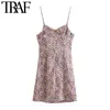 TRAF Women Chic Fashion Floral Print Pleated Mini Dress Vintage V Neck Backless Thin Straps Female Dresses Vestidos 210415