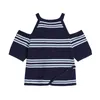 Vintage Kobiety Koszulki Off Ramię Knitting Crop Tops Summer Casual Koreańskie paski mody dla 210515