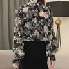 Höst Koreansk stil Elegant Långärmad Kvinnors Blus Cardigan Lantern Bow Tie Print Office Lady Shirt Blusas 10675 210508