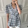 Korejpaa Women Jackets Summer Korean Elegant Temperament Lapel Single-Breasted Lace-Up Waist Puff Sleeve Plaid Short Coats 210526