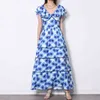 Blue Print Patchwork Dress For Women Slash Neck Butterfly Sleeve High Waist Midi Hit Color Dresses Female 210520