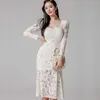 Primavera Bodycon sirena vestido de manga larga ahueca hacia fuera los Vestidos de encaje ropa blanca para mujeres Corea Vestidos 210529