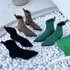 Women Sock Booties Winter Stretch Botas Shicay Mid Heels Slip on High Quality Toe Toe Short Shoes Woman Green 220815