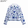 Kadınlar Vintage V Boyun Mavi Ve Beyaz Porselen Nakış Gömlek Kadın Uzun Kollu Kimono Bluz Roupas Chic Tops LS9193 210416