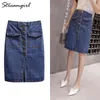 Womens Denim Button Skirt Midi Plus Size High Waist A Line Skirt Knee Length Jeans Skirts Summer Women's A-line Skirts For Women 210421