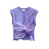 Fashion Gaze Patchwork Purple T Shirt för kvinnor Chic Ärmlös Kvinna Tshirts Enkel O-Neck Tee Ropa Mujer 210514