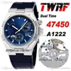 TWAF Overseas Dual Time 47450 A1222 Automatic Mens Watch Steel Case Power Reserve Blue Texture Dial Stick Leather Strap Super Edition Watches Puretime C3