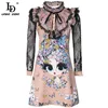 Designer Summer Women Black Sexy Lace Transparent Long Sleeve Ruffles Fashion Cartoons Print Vintage Mini Dress 210522