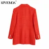 KPYTOMOA Women Fashion With Print Lining Fitted Tweed Blazer Coat Vintage Long Sleeve Pockets Female Outerwear Chic Veste 210930