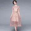 Rosa Süße Spitze Kleid Sommer Frauen Chic Gürtel Elegante Oansatz Kurzarm Casual Boho Midi Kleider Vestidos 210519