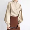 Vintage Big Lantern Manche Blouse Blouse Femmes Spring Automne Simple Single Coller Chemises Chemises Office Solid 210526