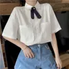 Chemisier blanc femmes coton à manches courtes chemise formelle 2021 été revers dames Streetwear Mori fille Style Preppy femmes Blouses chemises