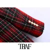 TRAF femmes mode Double boutonnage vérifier Blazer manteau Vintage à manches longues poches vêtements de dessus pour femmes Chic Veste Femme X0721