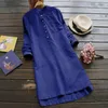 Lässige Kleider Retro Frauen Minikleid mit Knopf Einfarbig Langarm Rundhalsausschnitt Lose Weibliche Bequeme Straße # T2G