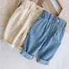 Baby Girls High Waist Jeans Kids Pants Blue Ivory For 0-4Y Trousers Girl Clothes 220105