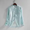 100% Linen Long Sleeve Shirts for Men Green Stand Collar Fashion Casual Tops Male Four Seasons Hemp Shirt 210601