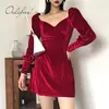 Autumn Women Velvet Mini Long Sleeve Vintage Elegant Lady Sexy Black Red Short Party Dress 210415