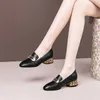 Loafers Shoes Women Genuine Leather Med Heels Thick Heel Pumps Metal Decoration Round Toe Female Footwear Beige Size 42 210517