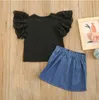 Summer Baby Girls Vêtements Ensemble Enfants Dentelle Fly Manches Hauts + Denim Zipper Jupes courtes Mode Enfants Tenue