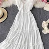 Neploe Beach Style Elegant V-neck White Women Dresses Chic Ruffles Backless Big Swing Dress Summer Long Vestidos 210510