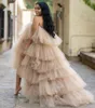 2021 Champagne Sexy Ruffles Tulle Kimono Women Evening Dresses Wear Robe for Poshoot Puffy Strapless High Low Prom Gowns Africa1215980