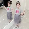 Ensembles de vêtements pour adolescentes Tenues pour enfants Vêtements pour enfants Robe d'été douce T-shirts à manches courtes Dentelle Tutu Jupes Princesse Deux pièces B6855