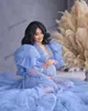 Mode Blå Gravid Kvinnors Prom Klänningar V Nacke Maternity Långrockar för foto Shoot Ruffles Cap Sleeve Aftonklänningar
