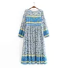 Chu Sau schoonheid mode boho vintage 3 kleuren bloemenprint losse lange jurk strand kwastje jurken vrouwelijke vestido de moda 210508