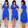 Elegante abito da donna maniche corte scollo a V a vita alta con volant bottoni Slim Office Ladies Classy Vestidos Modest Female Robes 210416