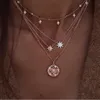 7-bitars guldpläterade skikthalsband för kvinnor och tjejer Sexiga Long Star Coin Rose Pendant Halsband Set