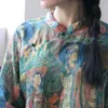 Johnature Femmes Vintage Ramie Stand Chemises Imprimer Mural Tops Printemps Sept Manches Bouton Blouses Haute Qualité Chemises Femmes 210521