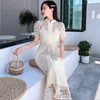 Summer Women Stand Collar Lantern Short Sleeve Bandage Dress Runway Crochet Hollow Out Lace Female Sash Belt Long 210520