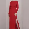 Två bitar vintage elegant sexig av axelkvinnor långärmad toppar och hög midja split kvinnlig maxi kjol set 210520