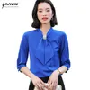 青いシャツ女性の気質夏半袖デザイン弓シフォンブラウスオフィスレディースカジュアルワークトップ210604