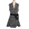 Foridol double breasted plaid blazer ruffle short autumn winter dress women vintage sleeveless office ladies elegant dress 210415